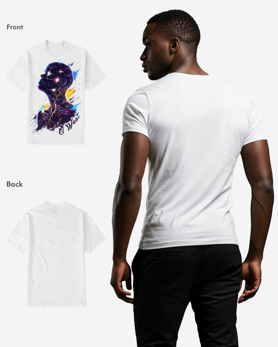Back view of a white t-shirt featuring a graphic print.