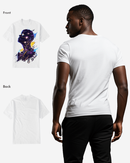Back view of a white t-shirt featuring a graphic print.