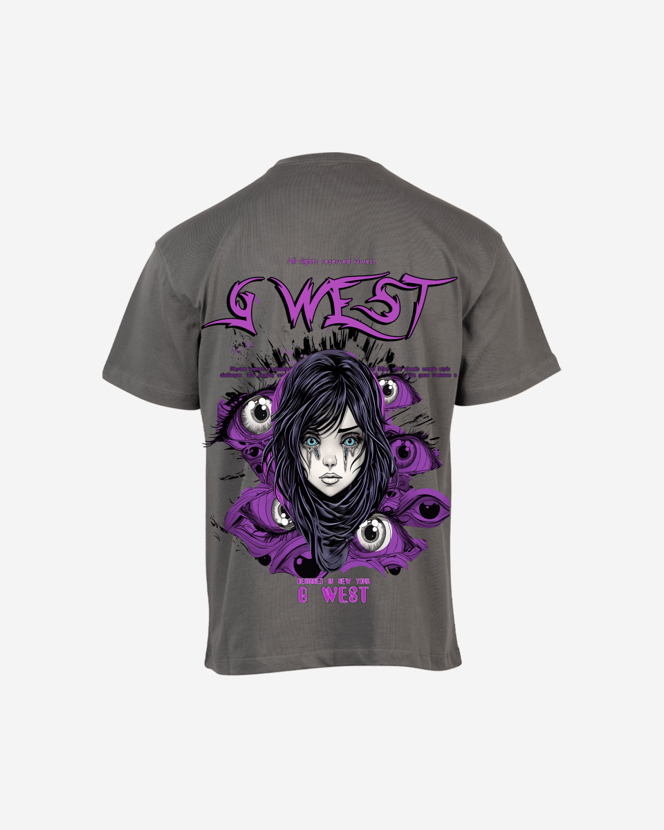 Back view of the oversized purple eye graphic t-shirt on a white background