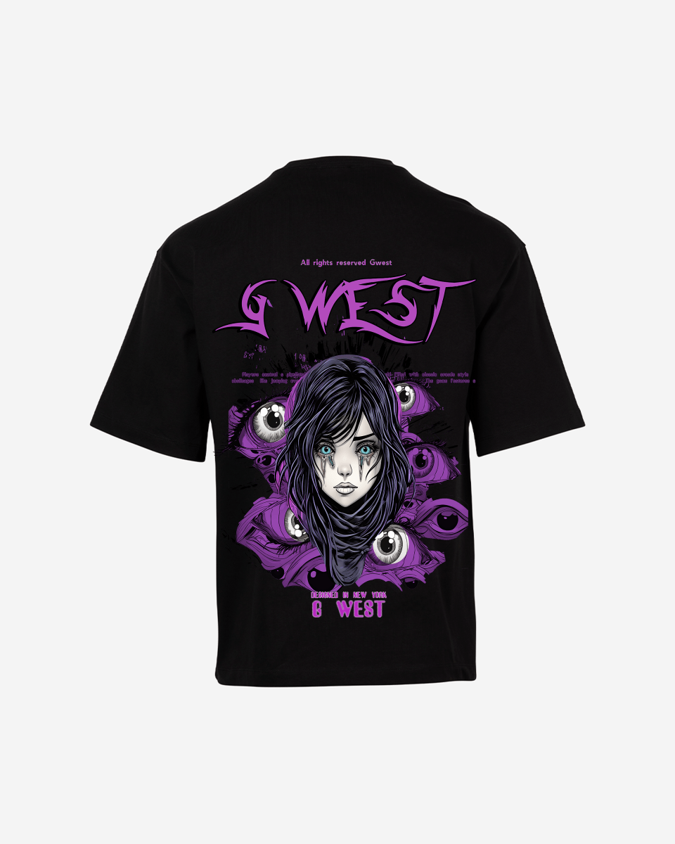 Back view of the oversized purple eye graphic t-shirt with a black background