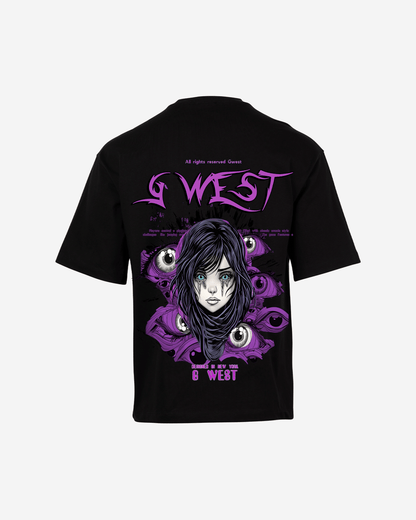 Back view of the oversized purple eye graphic t-shirt with a black background