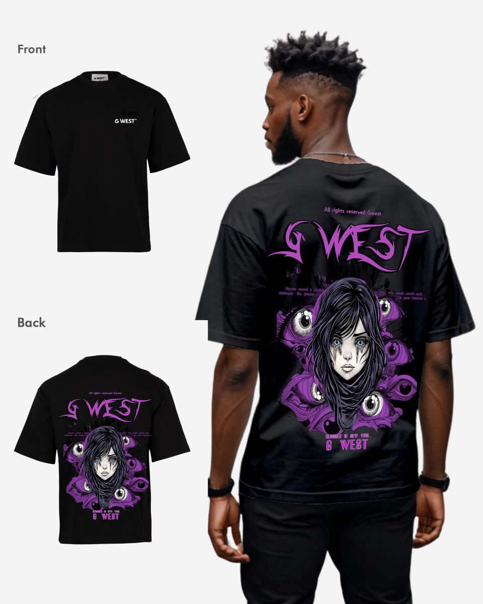 Back view of the black oversized t-shirt featuring a purple graphic