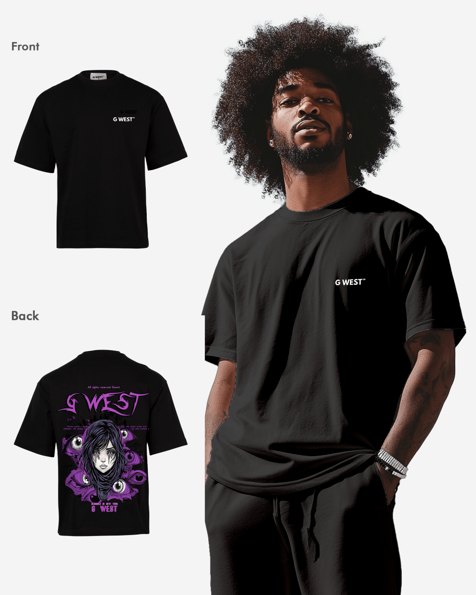 Back view of the black oversized t-shirt featuring a purple graphic