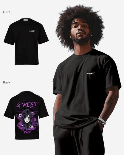 Back view of the black oversized t-shirt featuring a purple graphic
