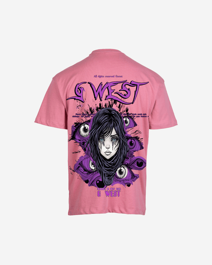 Back view of the pink oversized t-shirt featuring a graphic design and logo on the chest