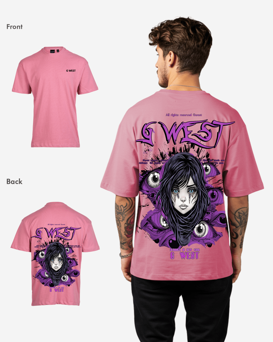 Back view of the pink oversized t-shirt featuring a graphic design and logo on the chest