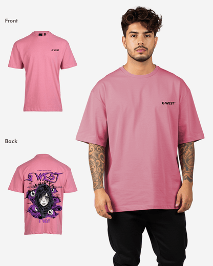 Back view of the pink oversized t-shirt featuring a graphic design and logo on the chest