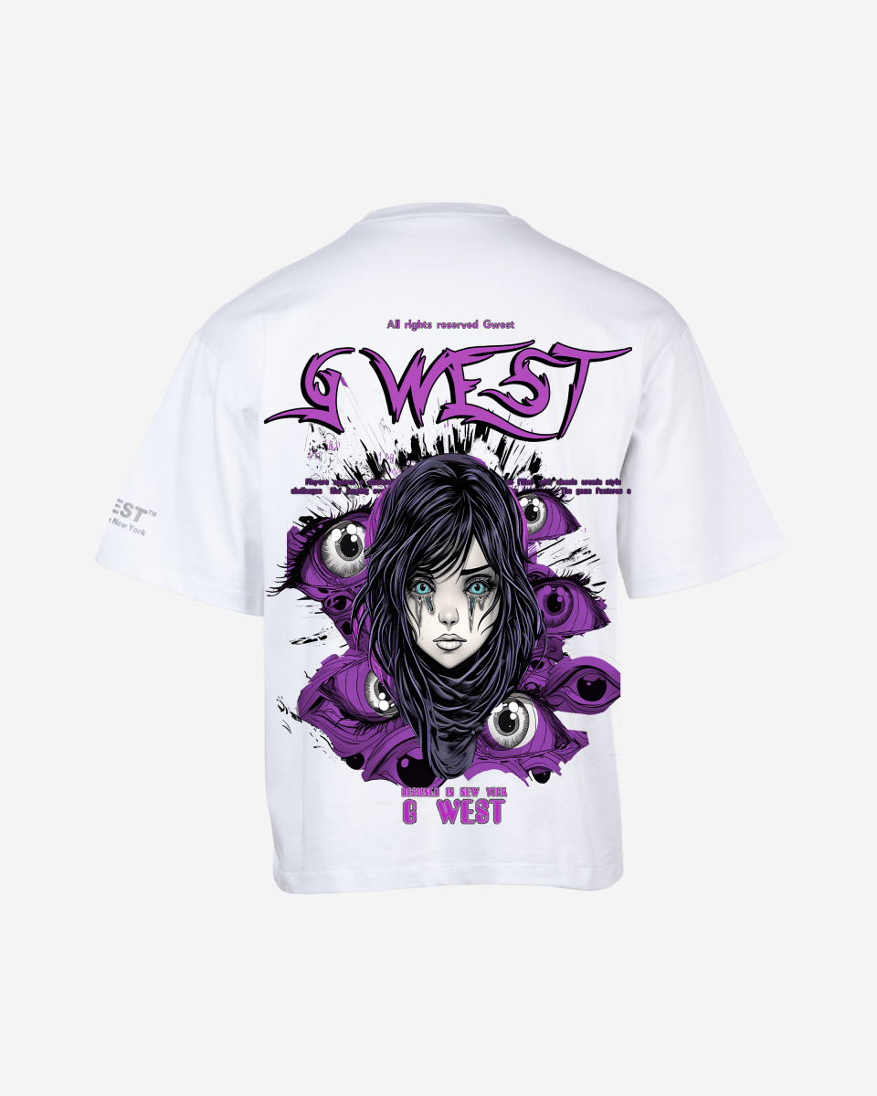 Back view of the white oversized t-shirt with a purple graphic