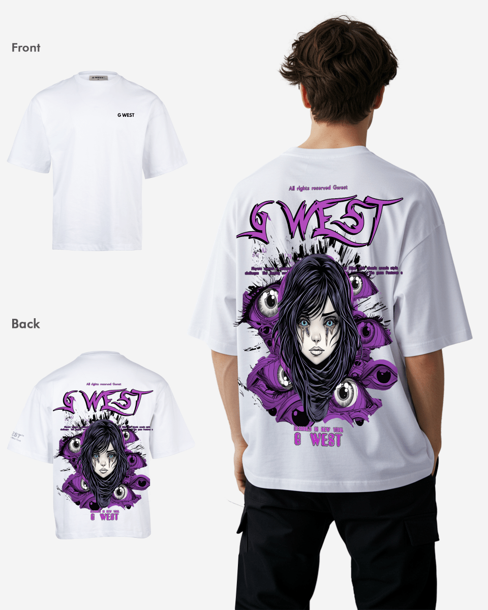 Back view of the white oversized t-shirt with a purple graphic