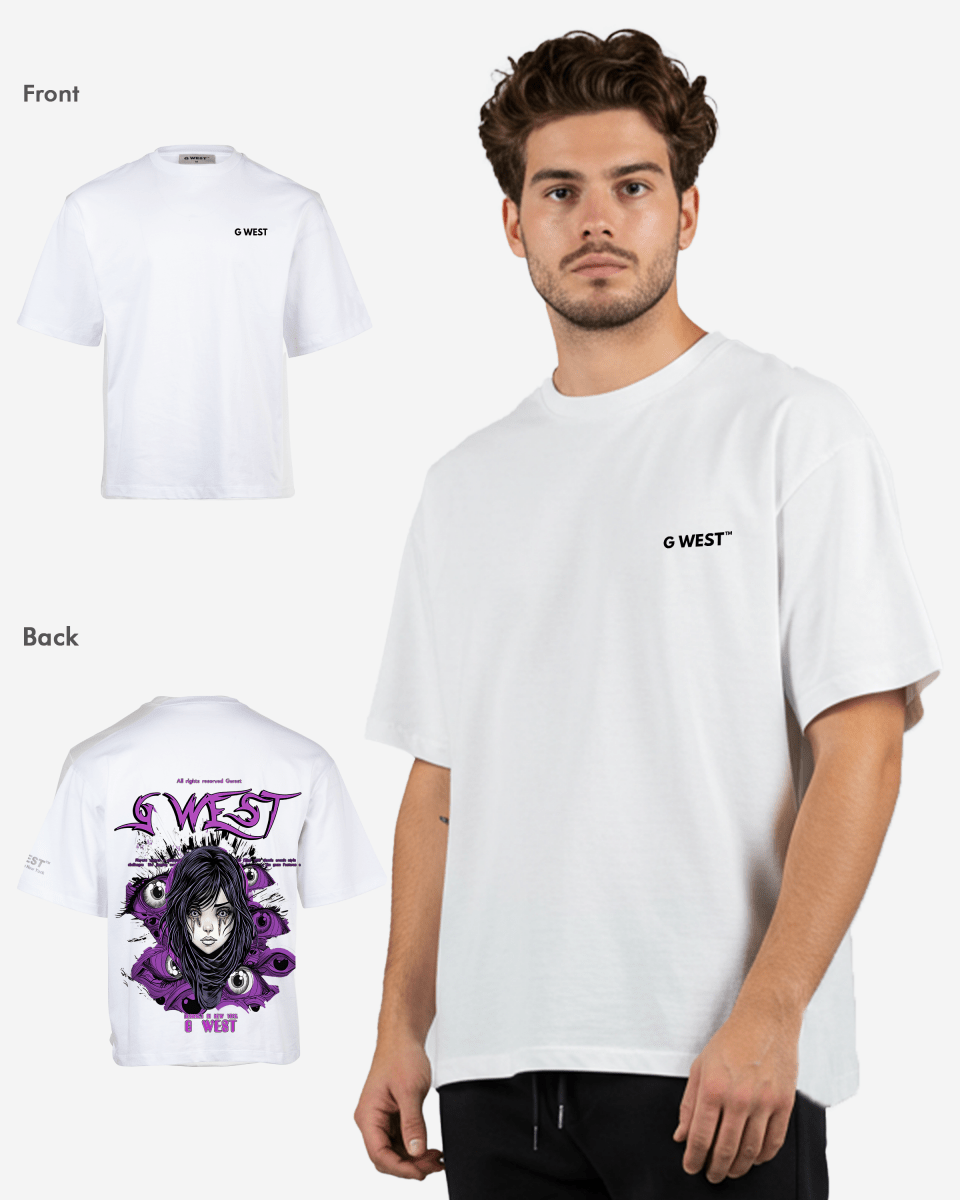 Front view of the white oversized t-shirt with a logo on the chest and graphic on the back
