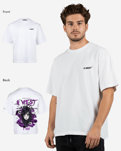 Front view of the white oversized t-shirt with a logo on the chest and graphic on the back