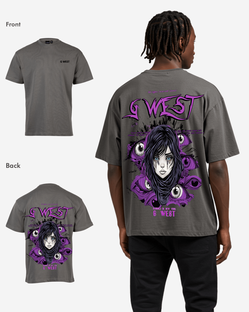 Lifestyle shot of the oversized purple eye graphic t-shirt in a casual setting