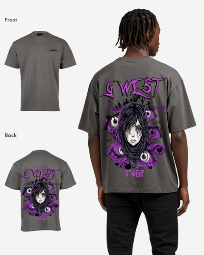 Lifestyle shot of the oversized purple eye graphic t-shirt in a casual setting