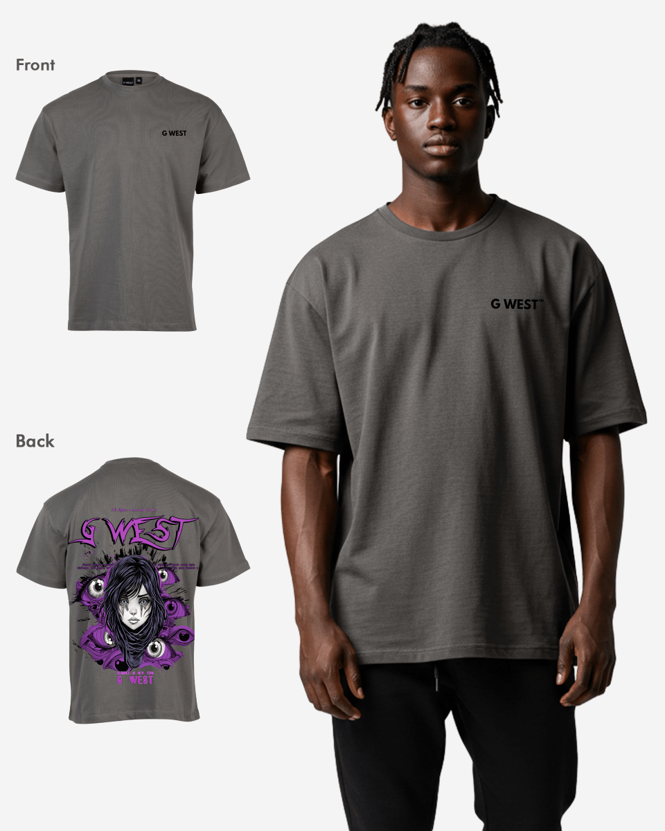 Lifestyle shot of the oversized purple eye graphic t-shirt in a casual setting