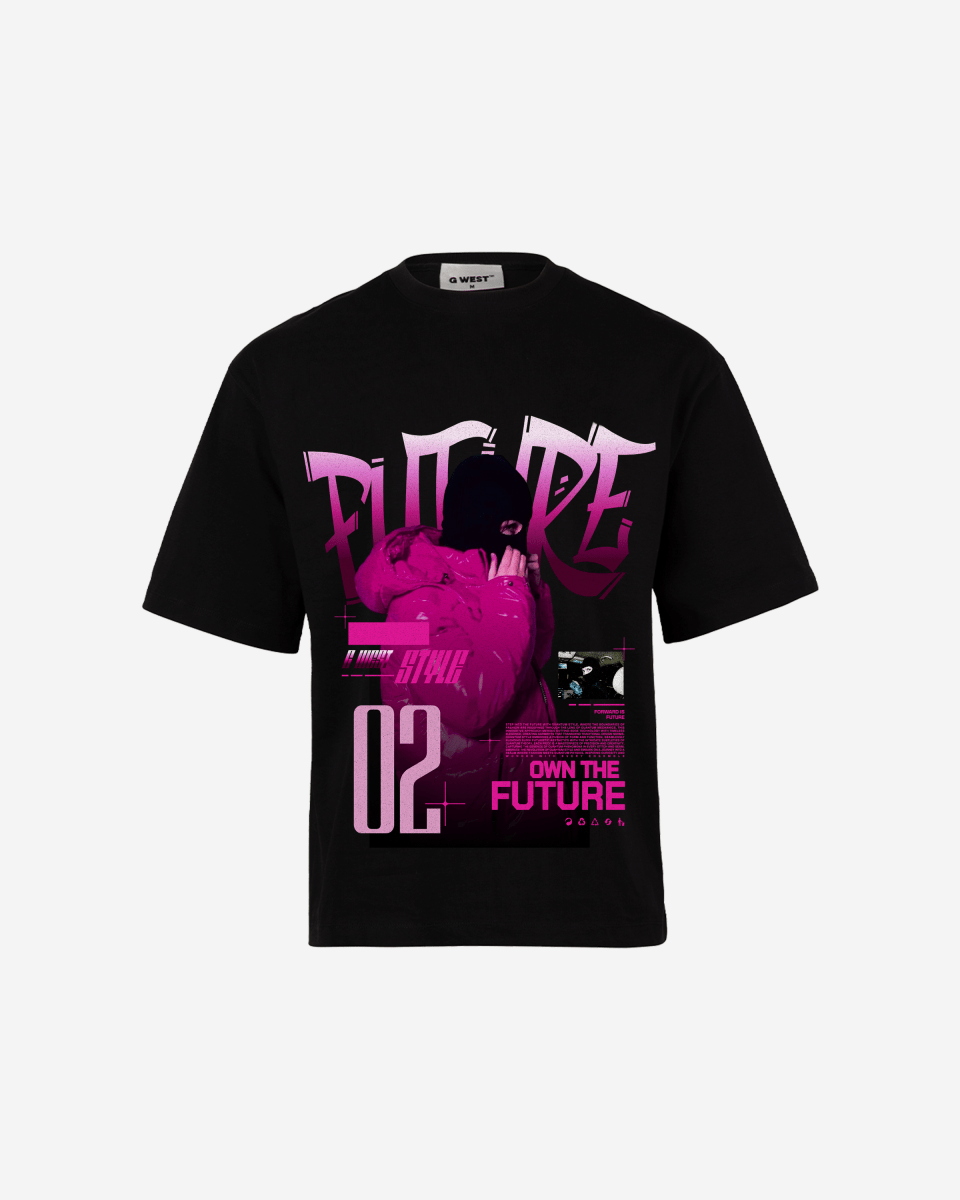 Detail view of the black oversized t-shirt with a graphic print