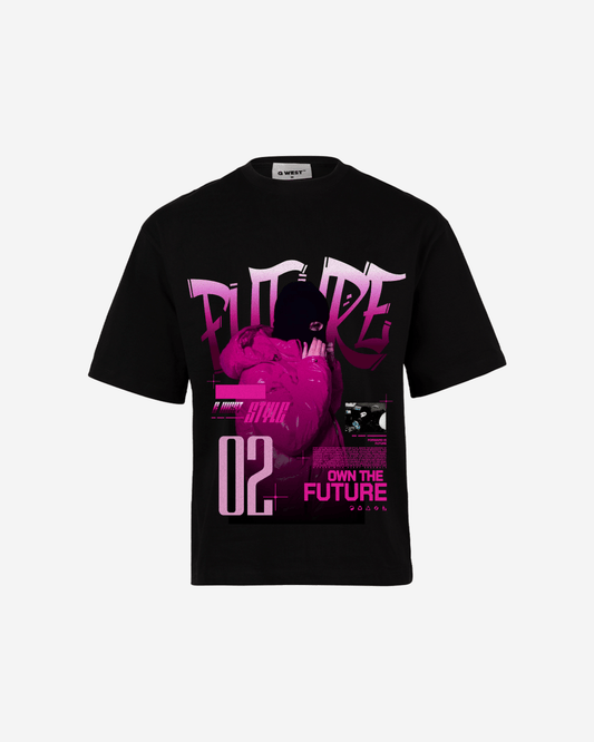 Detail view of the black oversized t-shirt with a graphic print