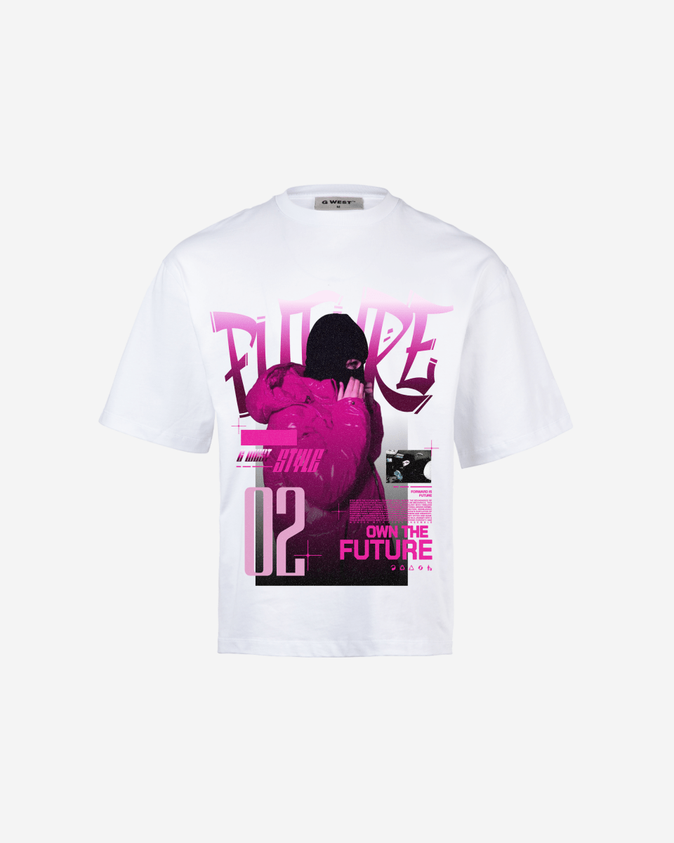 Detail view of the white oversized t-shirt showcasing a graphic print