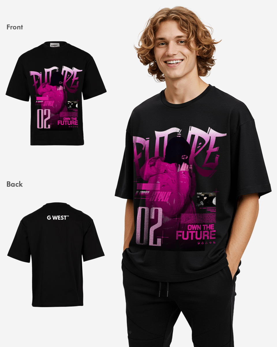 Front view of the black oversized t-shirt featuring a graphic print