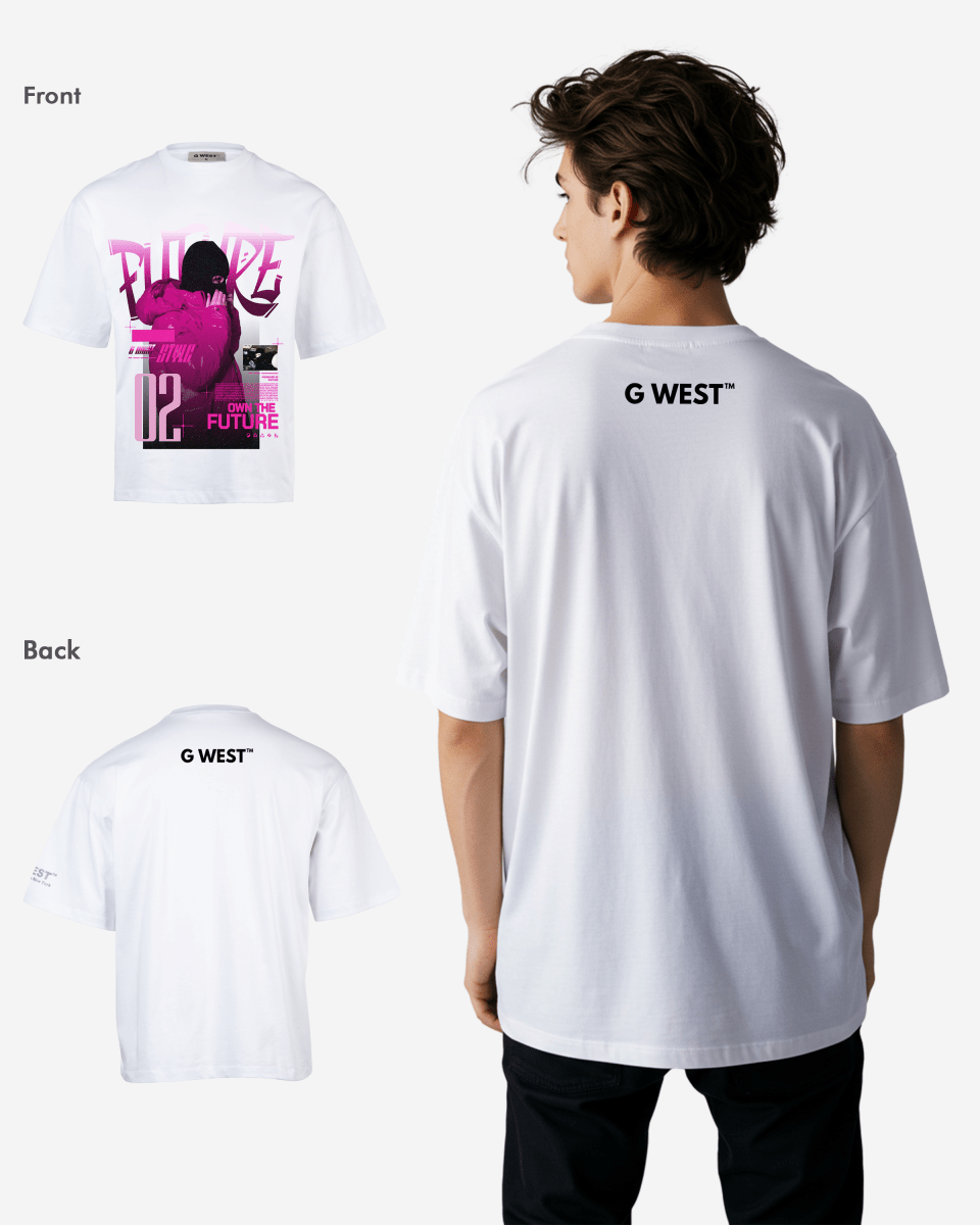 Lifestyle shot of the oversized white t-shirt featuring a back logo
