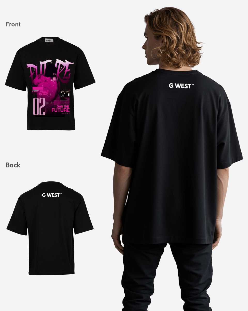 Lifestyle shot of a model wearing the black oversized t-shirt with short sleeves