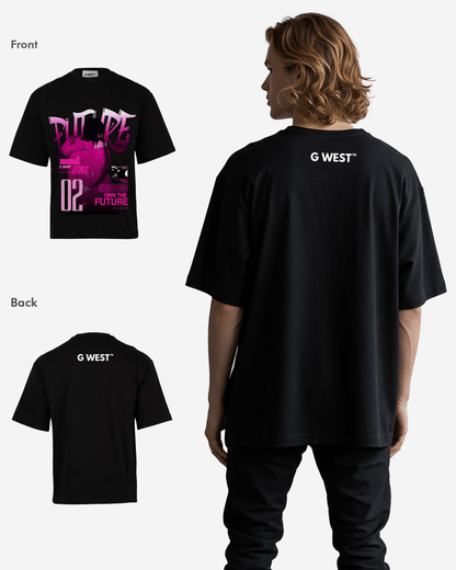 Lifestyle shot of a model wearing the black oversized t-shirt with short sleeves