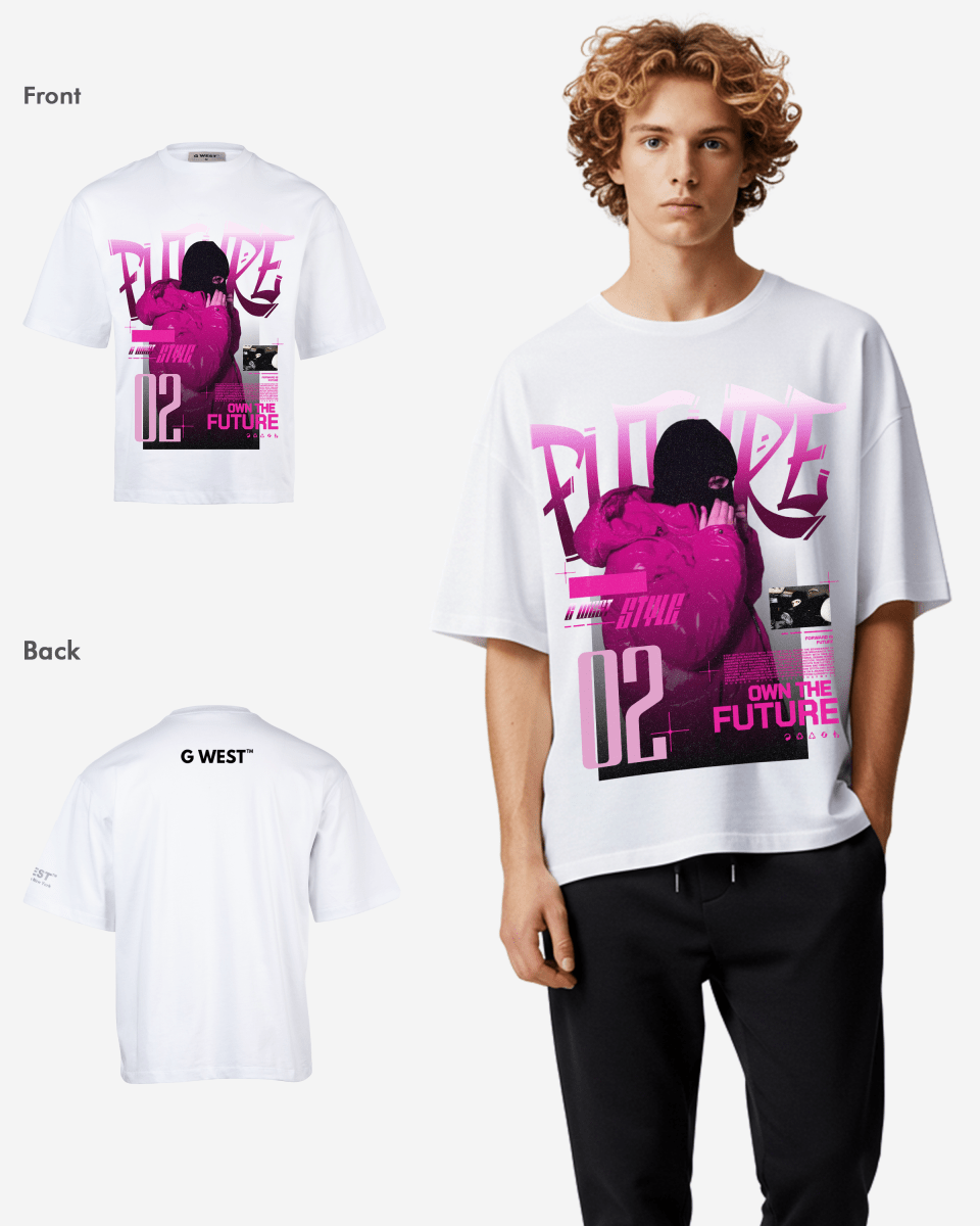 Lifestyle shot of the oversized white t-shirt with a graphic print