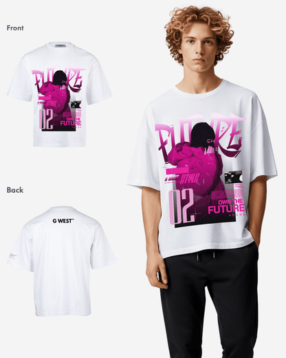 Lifestyle shot of the oversized white t-shirt with a graphic print