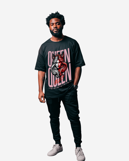 Black oversized t-shirt with graphic print in a lifestyle shot on a white background.