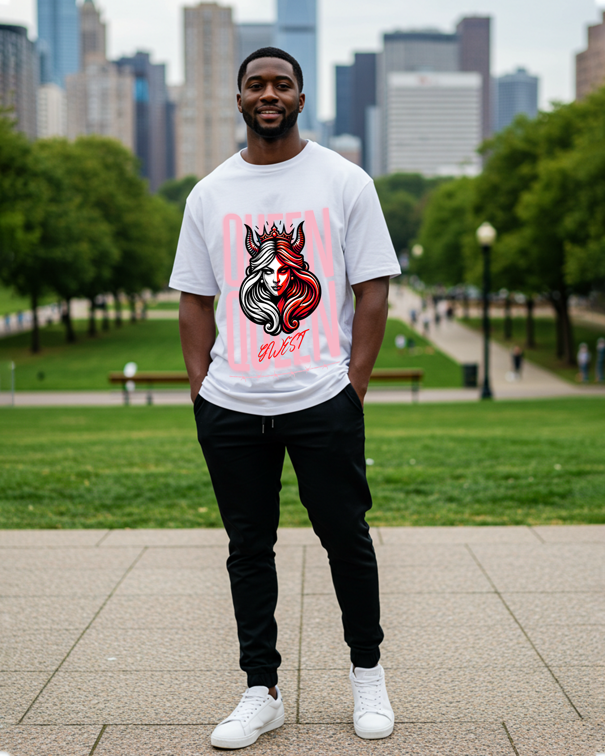 Man wearing a graphic t-shirt in a casual setting with a natural background.