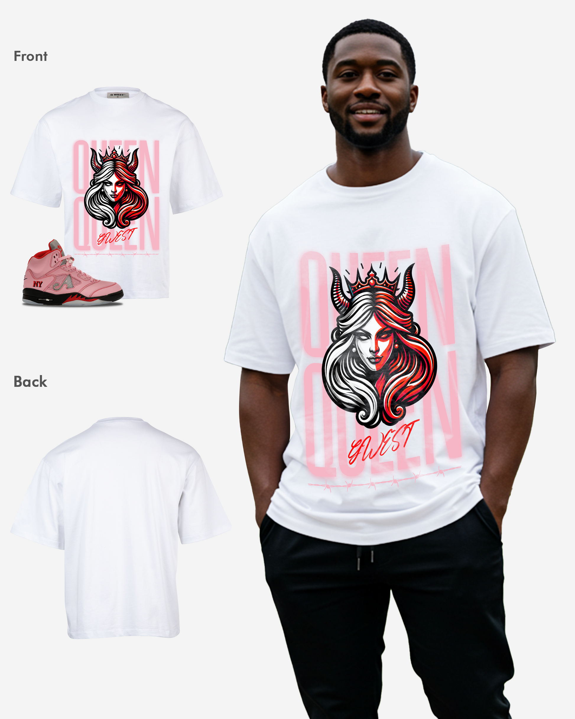 Packaging view of the graphic t-shirt showing front and back design on a white background.