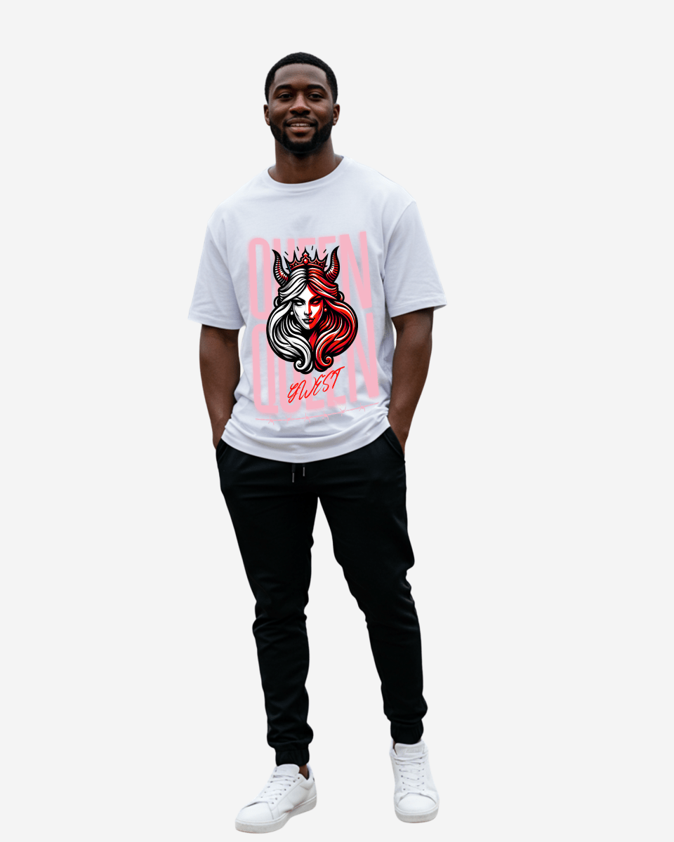 White oversized t-shirt with graphic print in a lifestyle view on a white background.