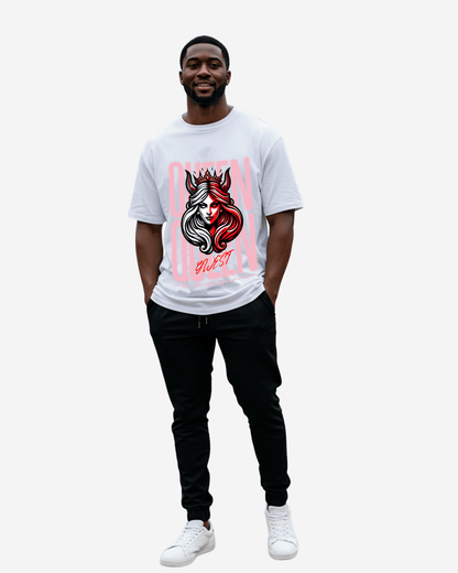 White oversized t-shirt with graphic print in a lifestyle view on a white background.