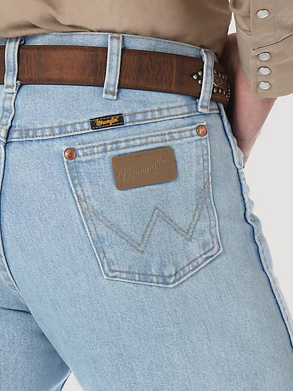 Close-up of the back pocket featuring a stitched design and label patch.