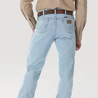 Back view of light blue jeans with a faded wash and belt.
