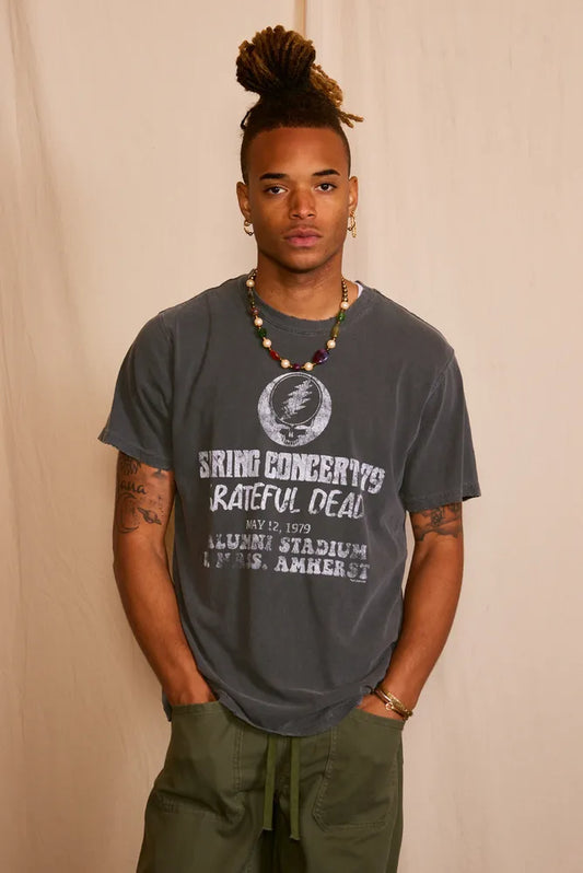 Front view of the gray graphic t-shirt featuring a printed design.