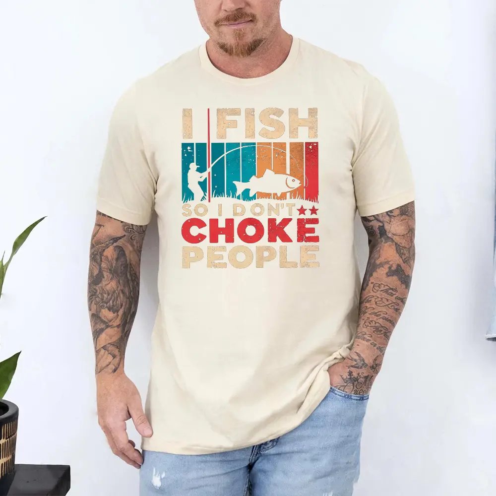 Beige graphic t-shirt with text design in a lifestyle view.