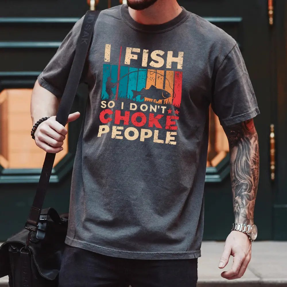 Gray t-shirt with graphic text in a lifestyle view.