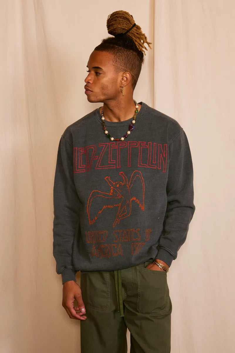 Led Zeppelin Washed Black Sweatshirt with Raglan Sleeves