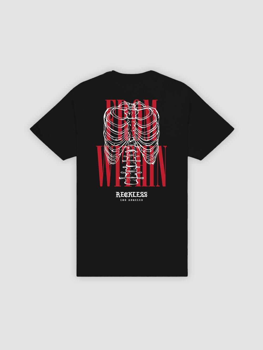 Black graphic tee with red print, back view.