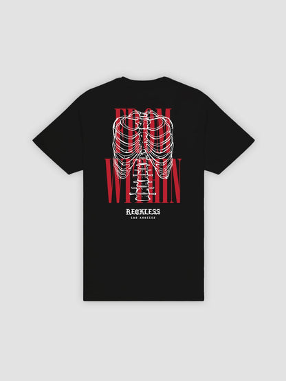 Black graphic tee with red print, back view.