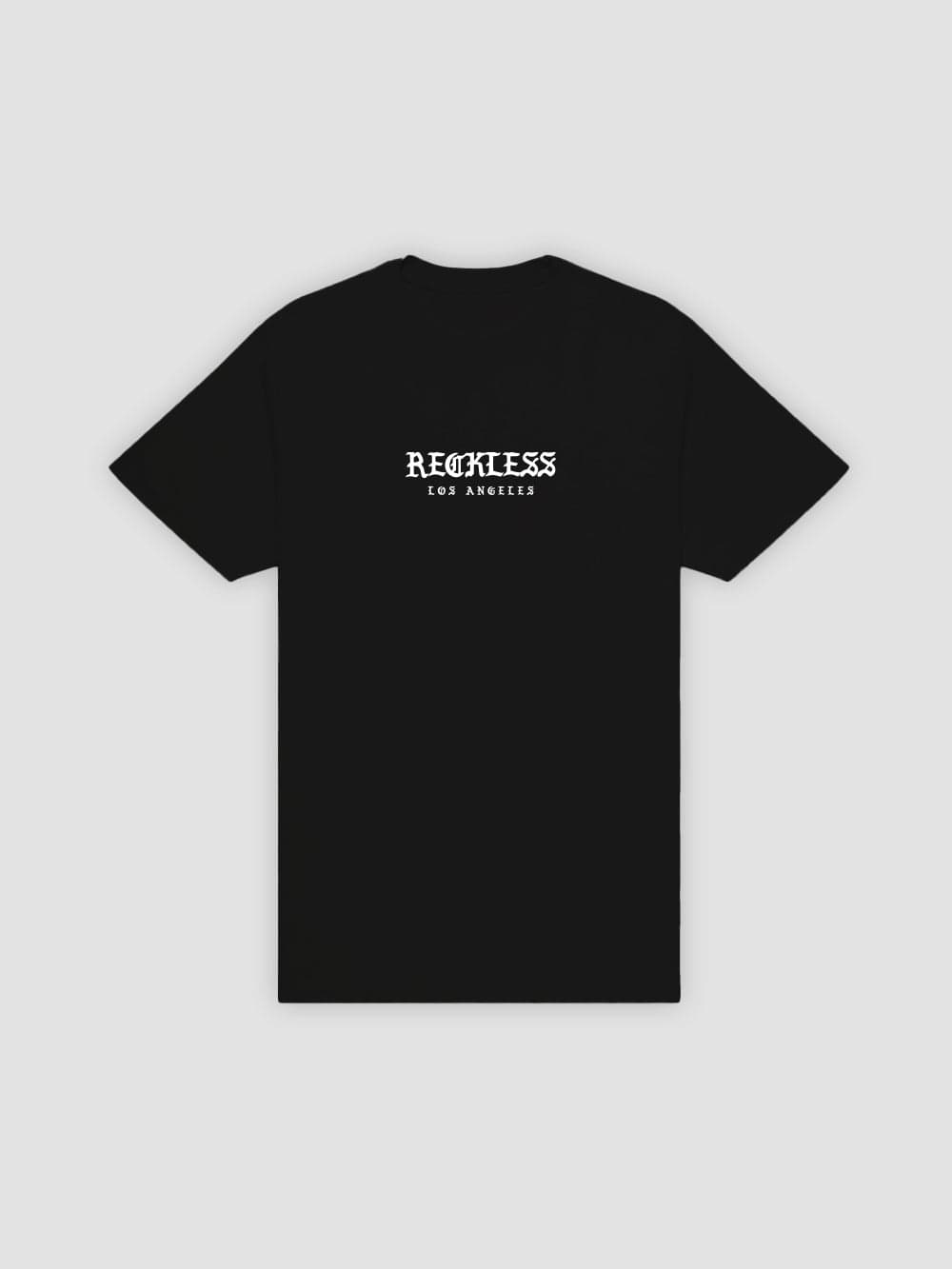 Black graphic tee with white text print, back view.
