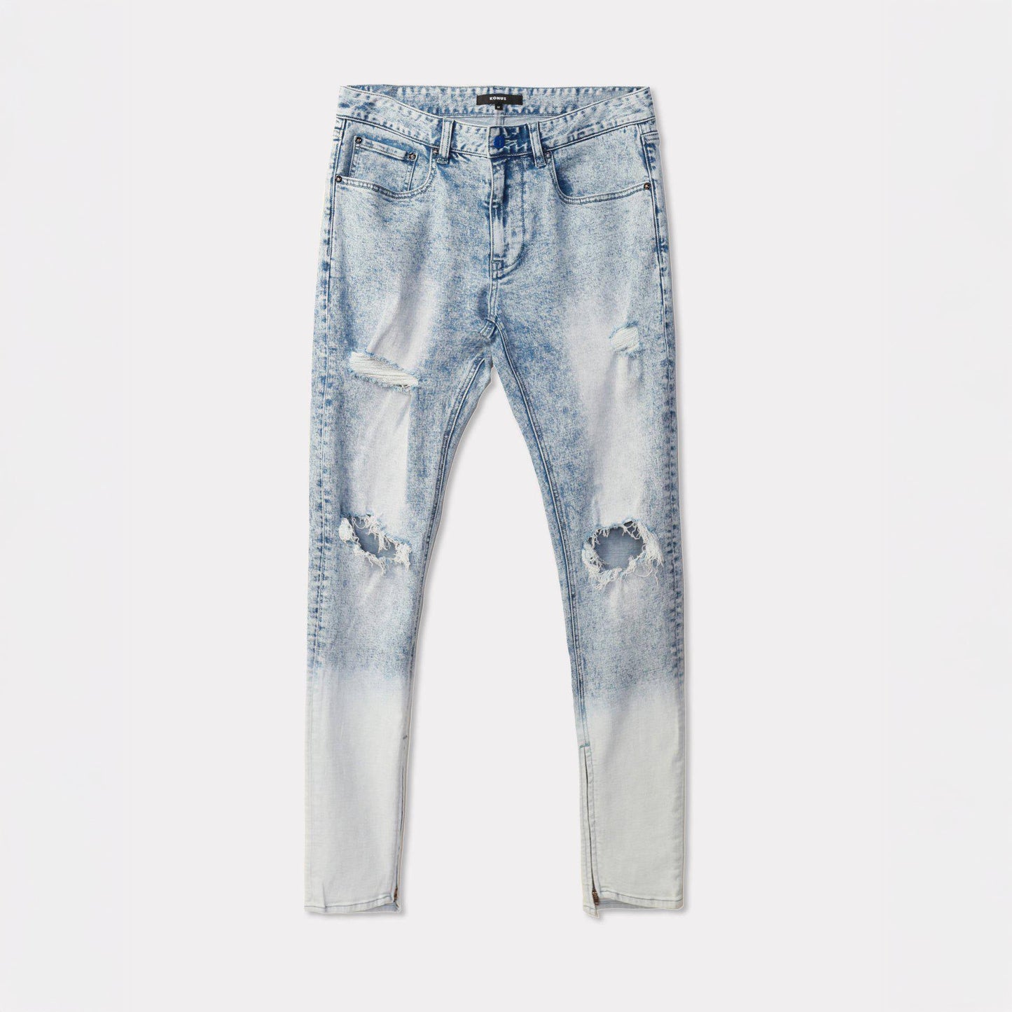 Front view of blue jeans with distressed details and five pockets.