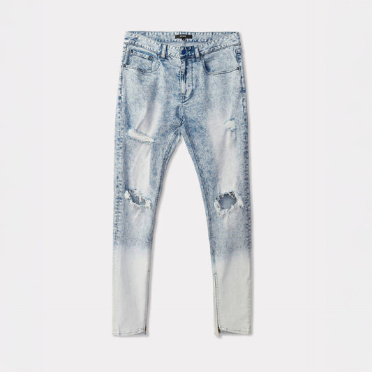 Front view of blue jeans with distressed details and five pockets.