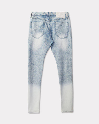 Front view of blue jeans featuring a faded design and skinny fit.
