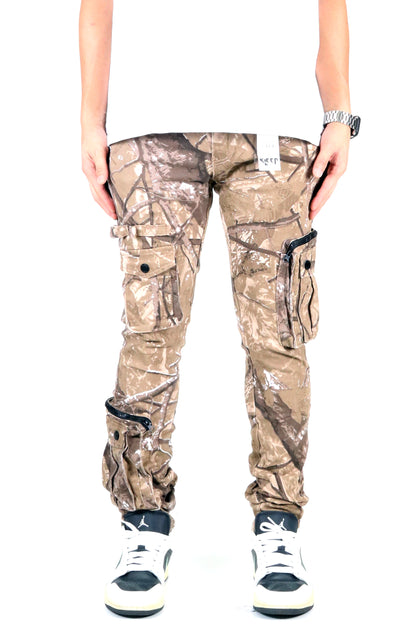 Front view of the brown and green camo cargo pants with cargo pockets.
