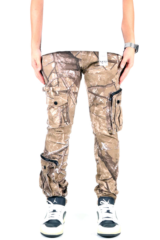Front view of the brown and green camo cargo pants with cargo pockets.