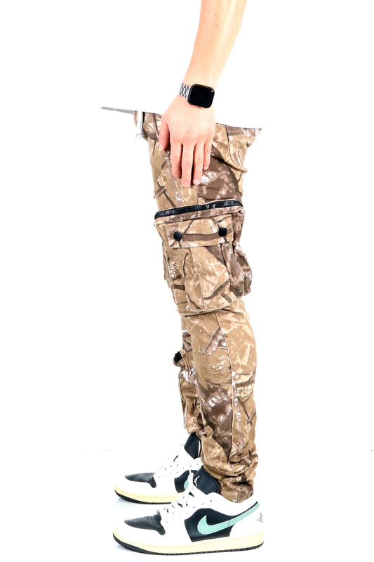 Side view of the brown and green camo cargo pants featuring a slim fit.