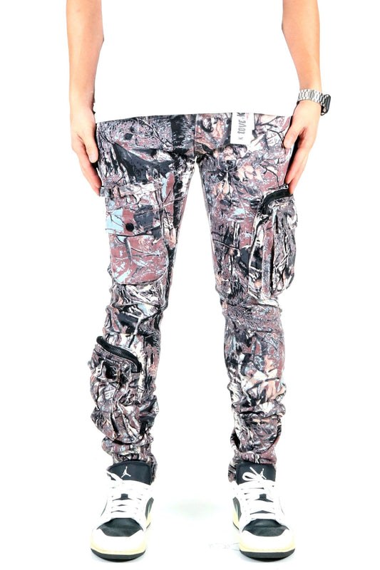 Front view of the forest camo cargo pants featuring cargo pockets.
