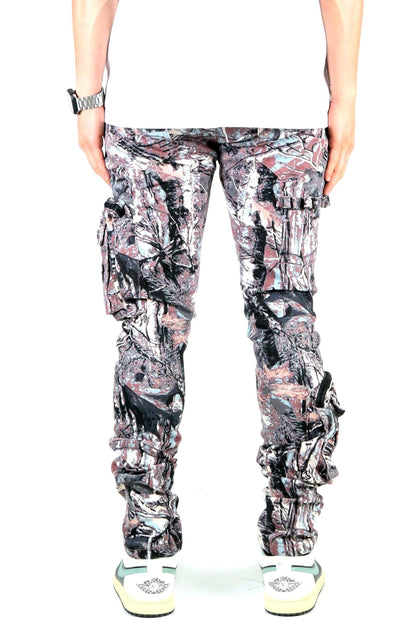 Front view of the forest camo cargo pants showcasing cargo pockets.