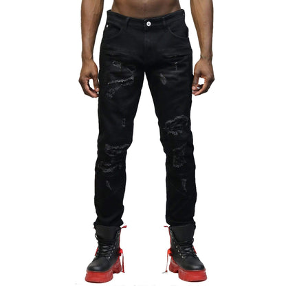 Front view of the black denim pants with biker padding details.